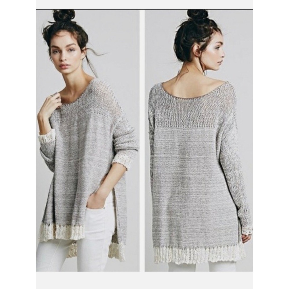 Free People Haiku Pullover Sweater Open Knit Tunic Beige Ivory Boho Large